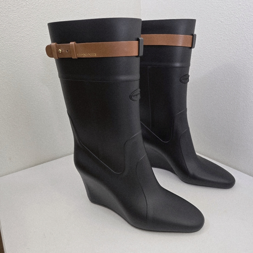 Sergio Rossi rubber rain 3" Wedge heel boots chick outdoor